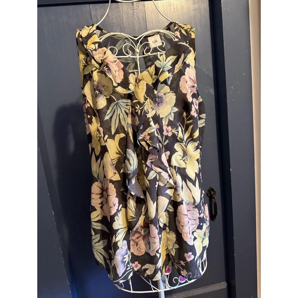 cabi Black Floral Chiffon Ruffle V-Neck Shift Dress Zip Short Lined S